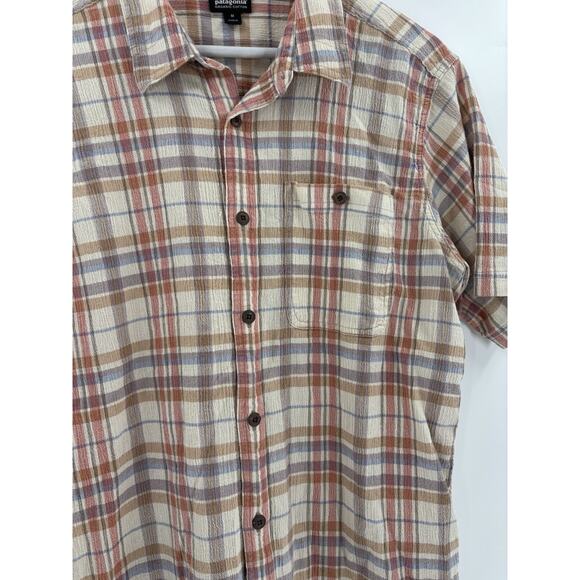 Patagonia Button Down Shirt Mens Medium Beige Red Plaid Short Sleeve 100% Cotton - Picture 3 of 16